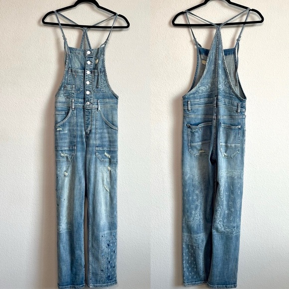 Pilcro Anthropologie Painters Denim Overalls Distressed Paisley/Floral Size 26 - Picture 1 of 8
